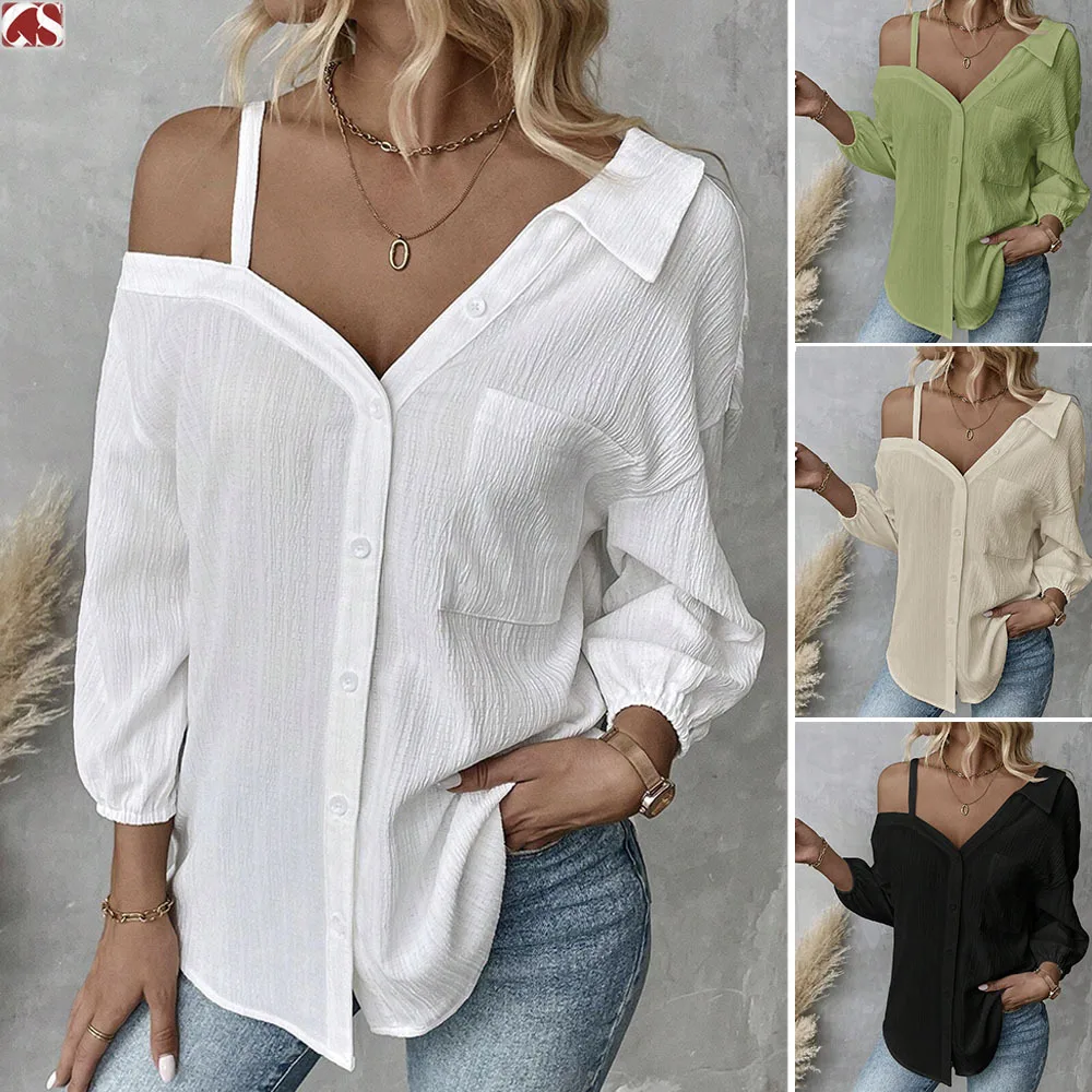 

Fashionable Women's White Shirt Spring And Summer New Lapel Long Sleeve Sexy Off-shoulder Casual Pocket Shirt Women's Clothes