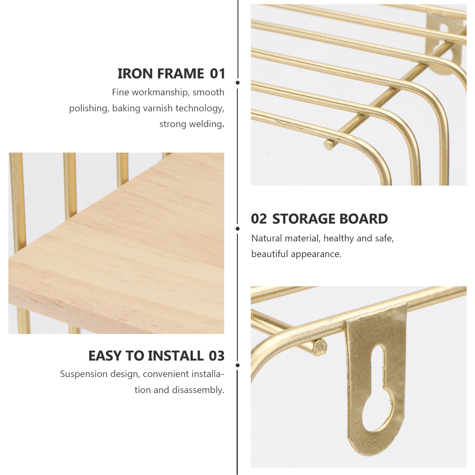 

Iron Wood Wall Mounted Storage Rack Nordic Style Hanging Shelf Bedroom Kitchen Living Room Decor Organizer Golden 1pc