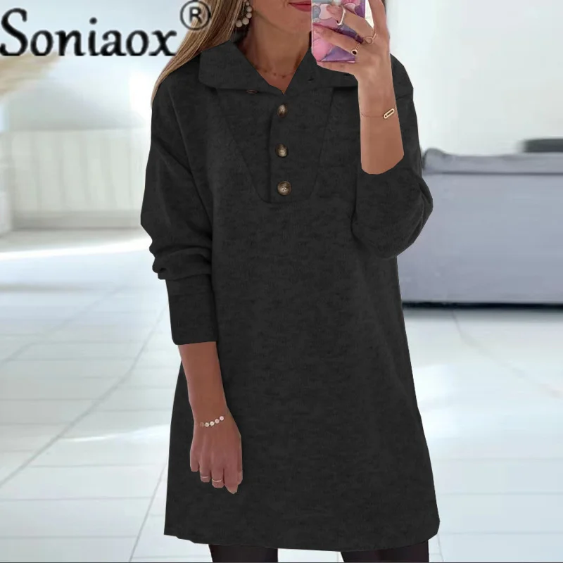 

Women's Solid Color Lapel Button Long Sleeve Casual Dress 2022 Autumn Winter Elegant Splicing Tops Loose Waist Princess Dresses