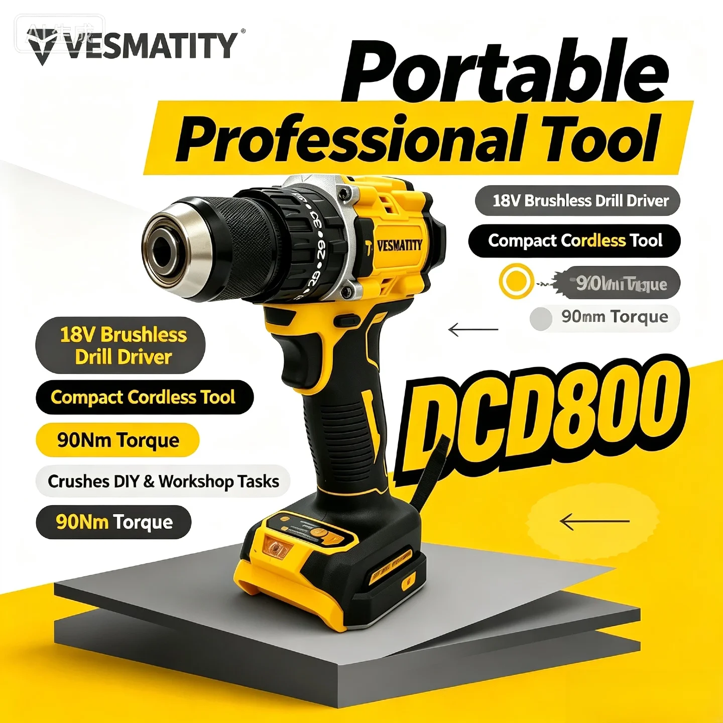 Vesmatity 300W – Cordless Power Tool DCD800 18V Brushless Compact Drill Driver 2000RPM for Home Workshop Pro Max