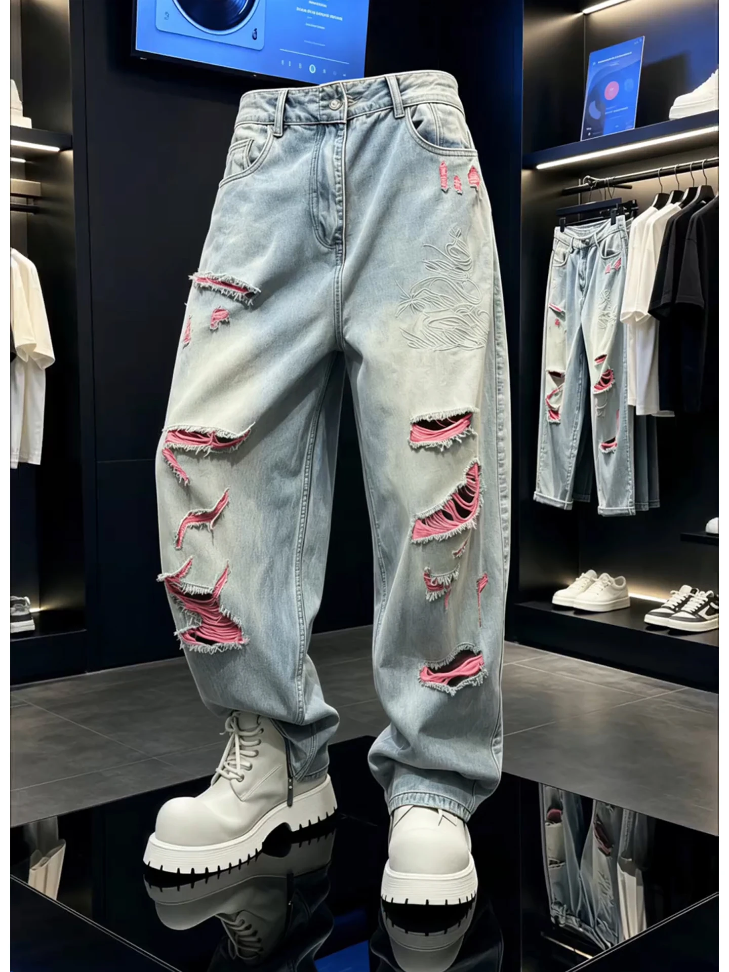 

Cleanfit Loose Men's Pink Denim Jeans Summer Casual Straight Leg Pants Torn Washed out Fashionable Youth Popular Jeans