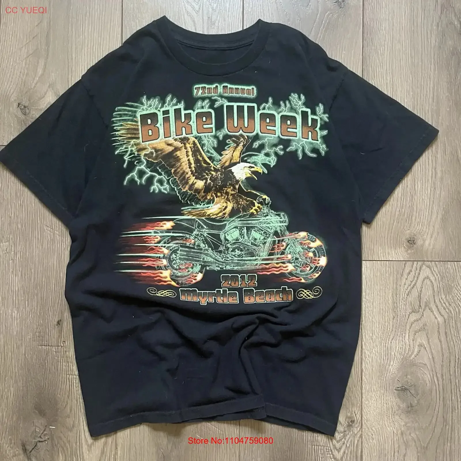 Vintage 2012 Bike Week Myrtle Beach Eagle Biker AOP All Over Print Black T Shirt vintage Washed Stylish Top For Everyday Wear