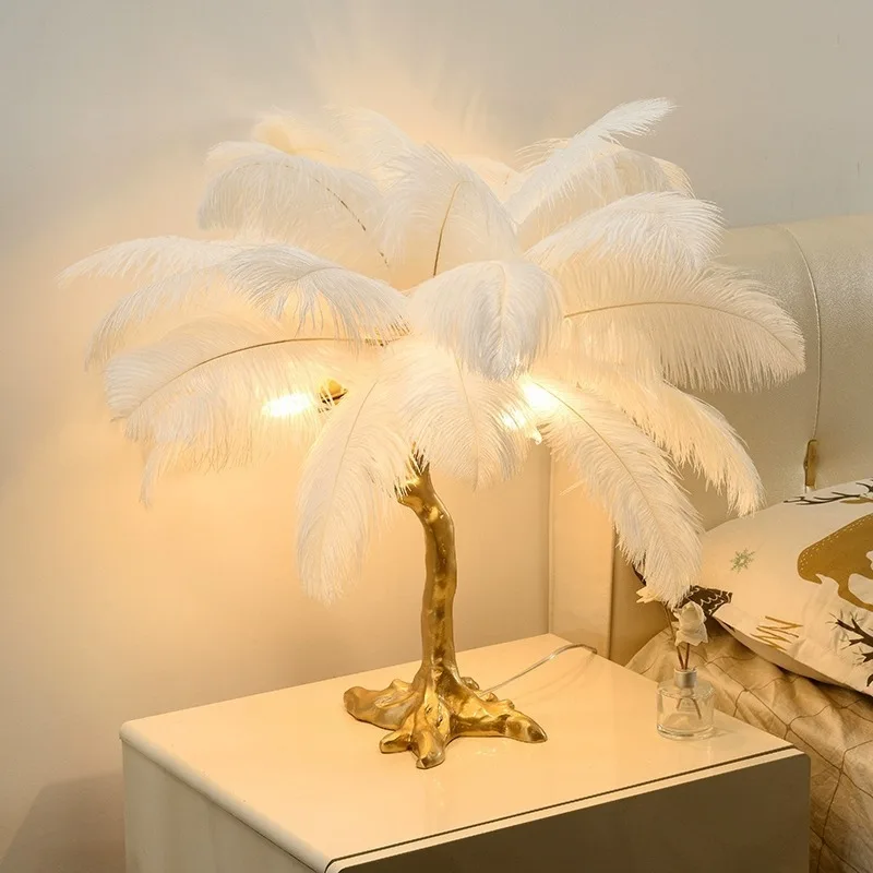 Popular ostrich feather table lamp ins warm romantic decoration bedroom bedside resin table lamp Zhongshan lamp