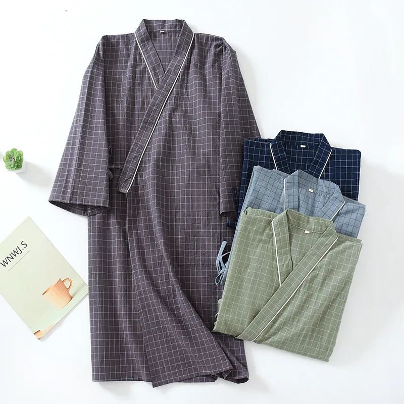

Simple Japanese Wash 100% Cotton Men's Kimono Nightgown Japanese Spring Summer Gauze Thin Cotton Pajama Bathrobe