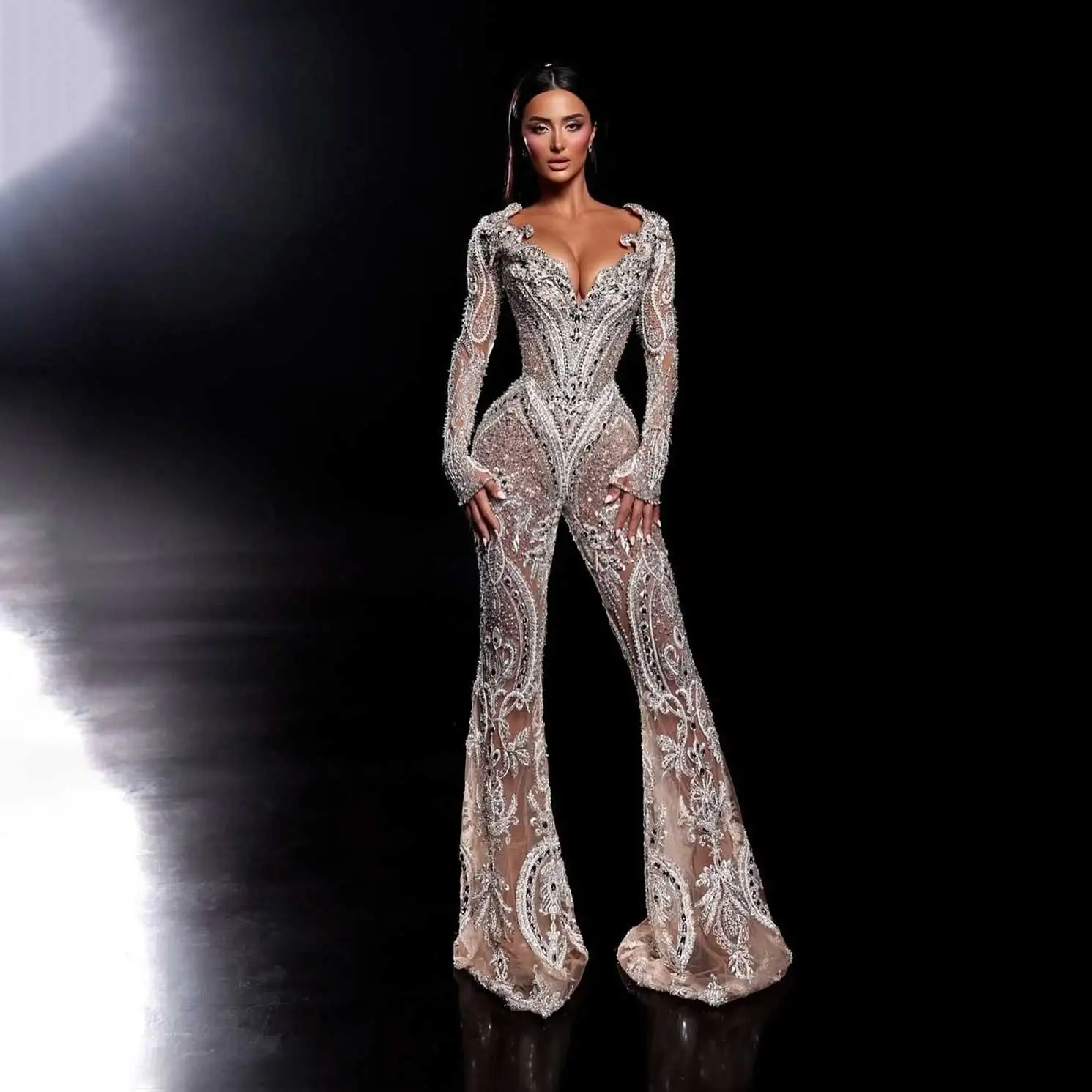 Sexy Shine Prom Dress Tute Perline Donne Abiti da sera di cristallo 3D-Pizzo Slim Fit Party Grown Abiti da sposa Personalizzati