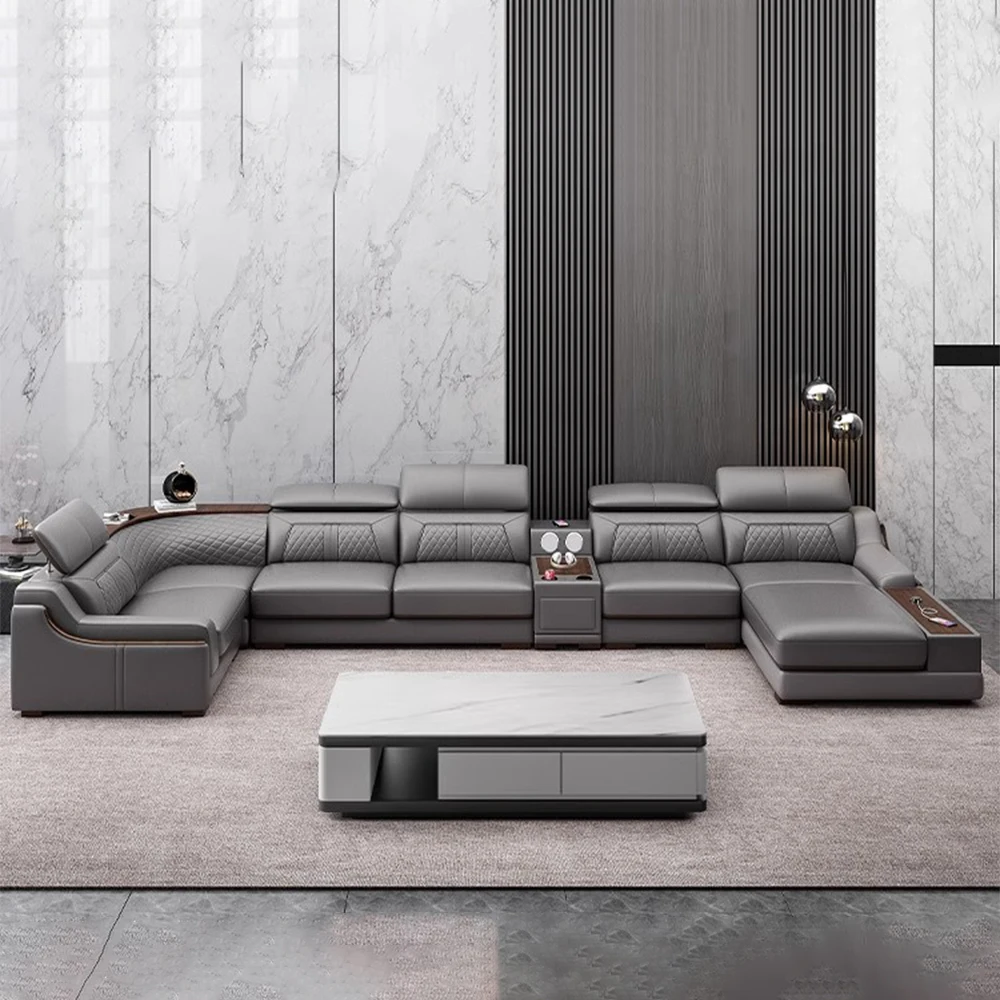 

Modern U-Shaped Sectional Sofa Set with Chaise Lounge, Genuine Leather Couch with Storage Table, USB – Big Living Room Furniture