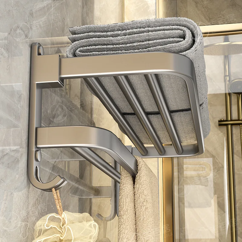 Punch Free Towel Rack Bathroom Towel Bar Multifunctional Hanging Shelf Hook Organizer For Washroom Shower Room Storage