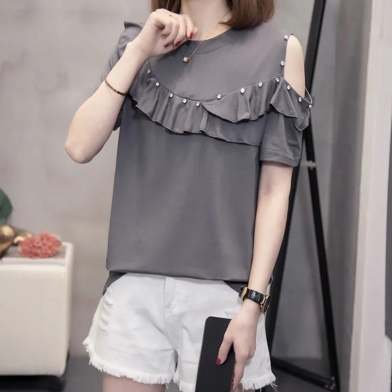 

Slimming Personality Shoulder-baring Short Sleeve T-shirt plus Size Women's Fashionable Youthful Top Korean Style Loose Fit