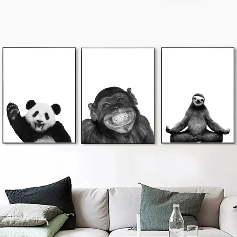 Black White Nordic Posters And Prints Wall Art Canvas Polar Bear Monkey Sloth Fox Animals Painting Wall Pictures Kids Room De