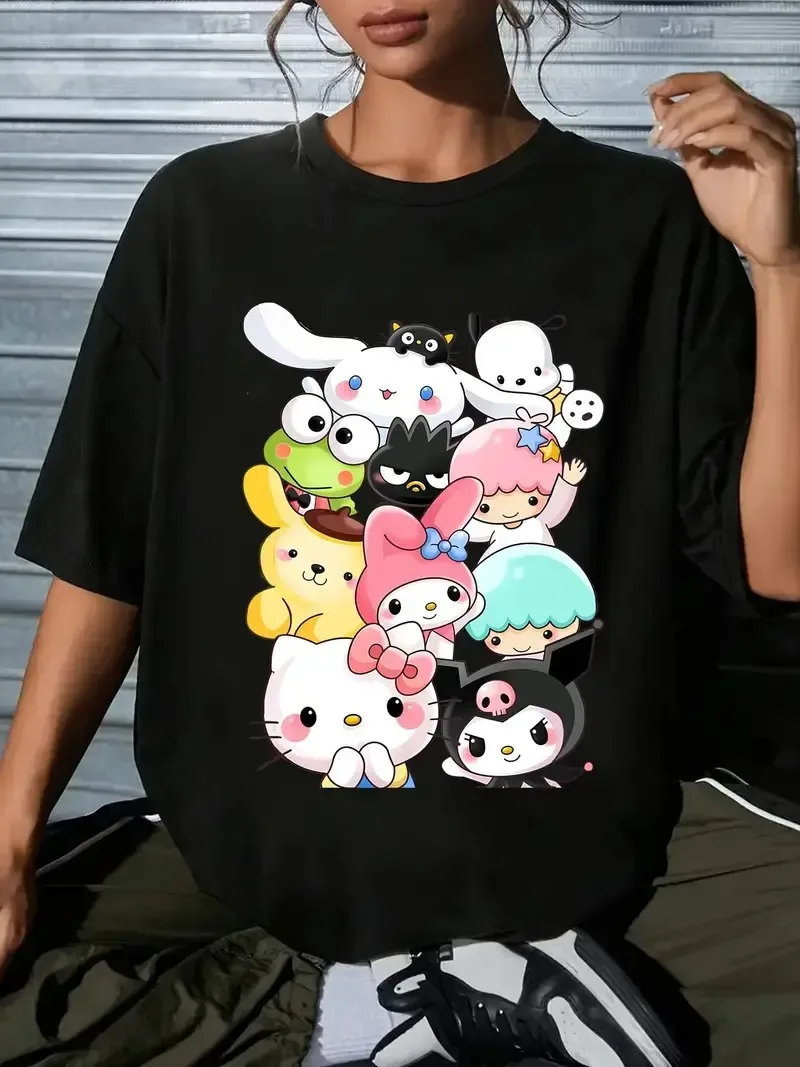 เสื้อยืดผ้าฝ้ายลายกราฟิกซานริโอ้สีสันสดใส ลายตัวละครซานริโอ้ยอดนิยม เนื้อผ้าฝ้ายแท้นุ่ม สไตล์น่ารัก เหมาะสำหรับแฟชั่น