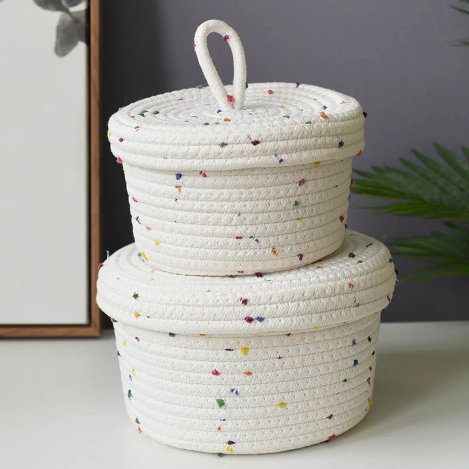 Handwoven Cotton Thread Basket Toy Organizer for Tabletop Bedroom Living Room Lidded Storage Basket Handmade Decorative Basket