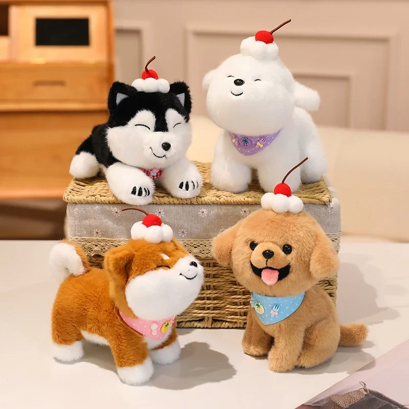 

Cute Dog Plush Toy with Cherry Topping Kawaii Stuffed Shiba Inu Husky Poodle Bichon Frise Doll Soft Fluffy Dog Plushie Gift