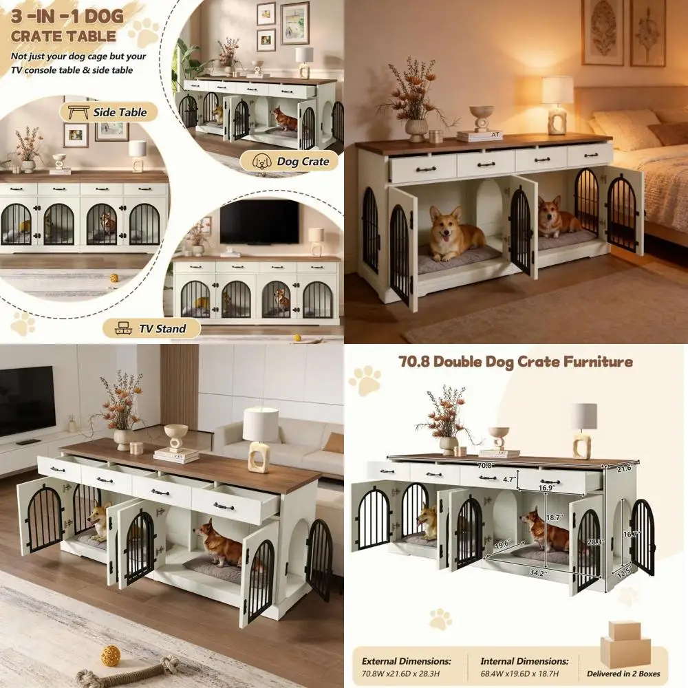 Large 70.8 Dog Crate for Two Dogs, Spacious Indoor Kennel with Removable Divider, Storage Drawers, Stylish End Table & TV Stand,