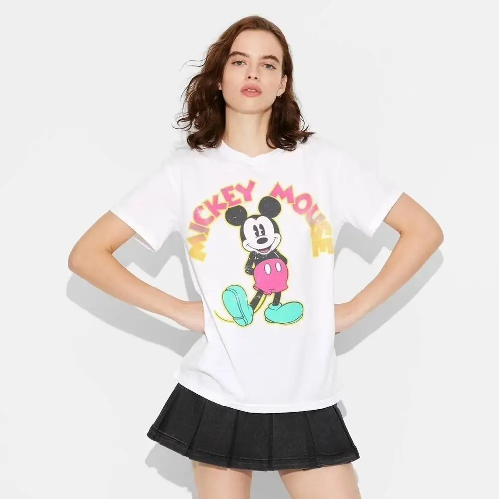 

Mickey Mouse Graphic T-shirt Classic Cartoon Print Womens Casual Tops Cotton Official Disney Artwork Streetwear Style