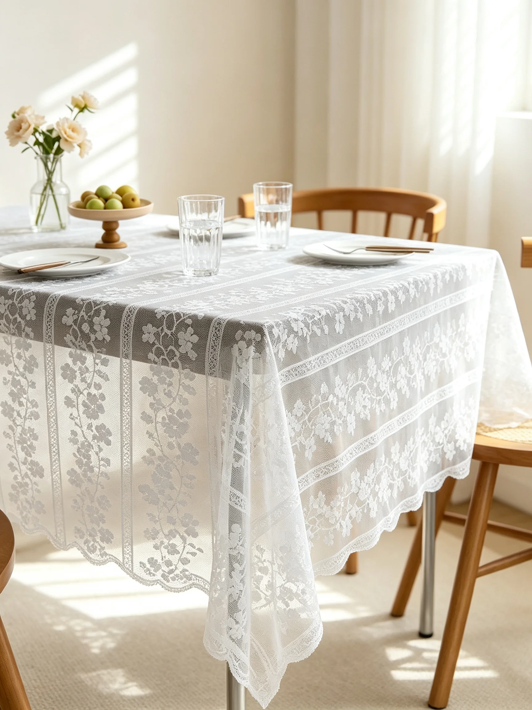 1Pc White Lace Tablecloth | Floral Hollow‑Out, Scalloped Edge, Semi‑Sheer | Dust‑proof, Reusable | Dining Room Home Decor