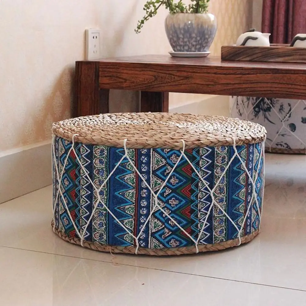 Hand-Woven Floor Cushion Portable Design Durable Material Zafu Cushion Round Shape Natural Straw Ottoman Stool Meditation Use