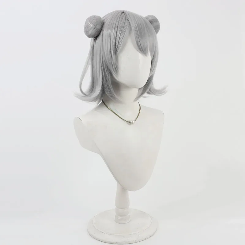 Koharu Rikka Cosplay Wigs With Buns Virtual YouTuber Koharu Rikka 30cm Short Gray Wig Heat Resistant