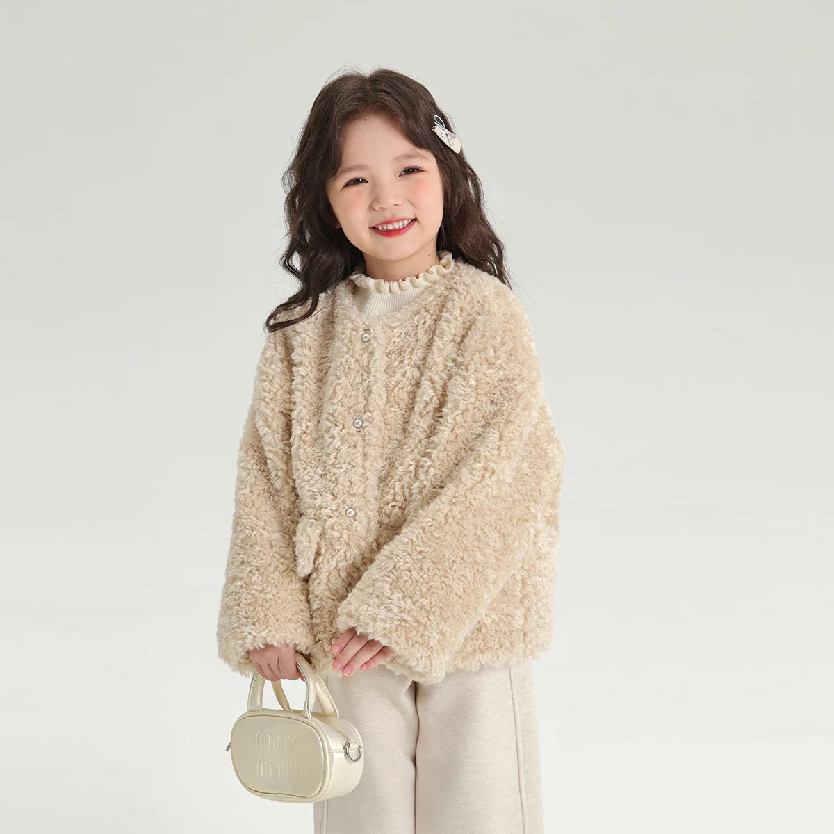 Girls Khaki Coat 2024 Autumn Winter New Wool Roll Girls Coat Soft and Smooth Baby Girls Small Fragrant Wind Thick Coat Clothes