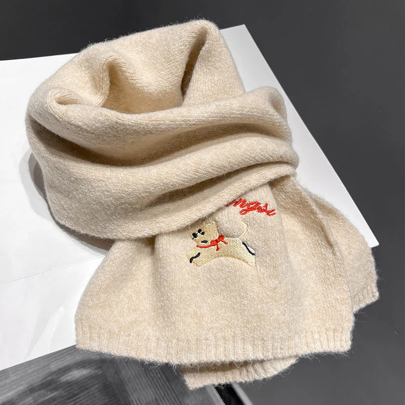 

Korean version cute embroidered puppy scarf women's winter fashion versatile atmosphere cashmere shawl warm knitted bib