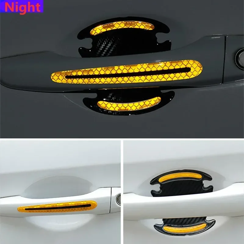 

8 универсальных 3D наклеек на дверные ручки автомобиля из углеродного волокна, устойчивые к царапинам наклейки, автомобильная Светоотражающая полоса безопасности, автомобильные наклейки