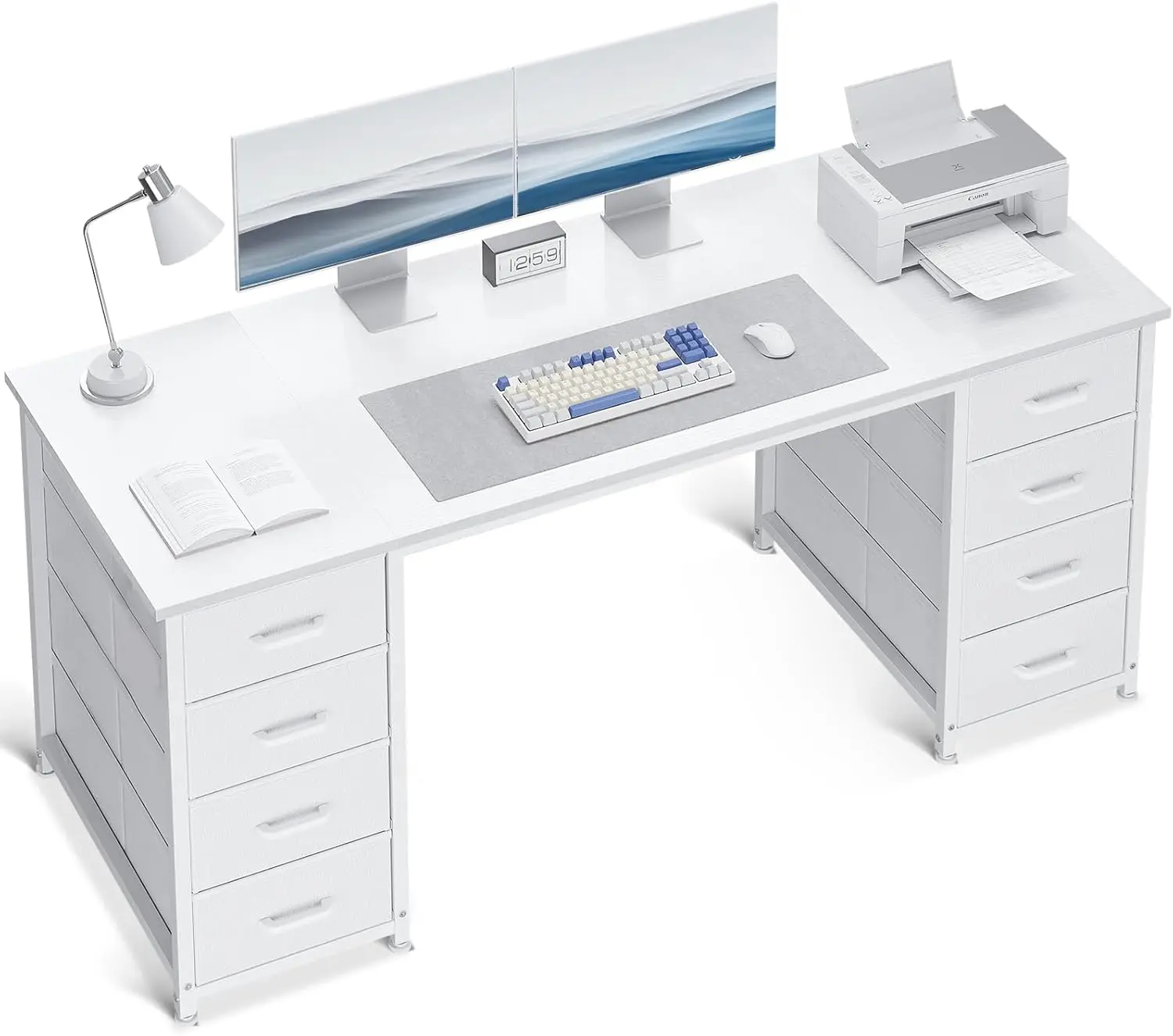 

55 Inch Computer Desk with 8 Fabric Drawers, Modern Office Desk for Home Office, Study, Gaming, White