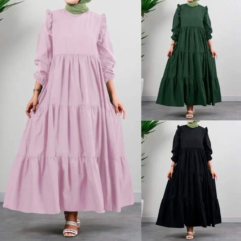 Spring and Autumn Abaya Muslim Women's Clothing Solid Color Robe Long Sleeve Loose Round Neck Dress Retro Loose Kaftan jumpsuit