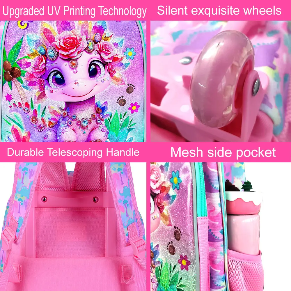 حقيبة ظهر دوارة مكونة من 3 قطع للفتيات، حقيبة ظهر مدرسية للأطفال بعجلات، حقيبة كتب بعجلات ثعلب لرياض الأطفال الابتدائية في مرحلة ما قبل المدرسة #4