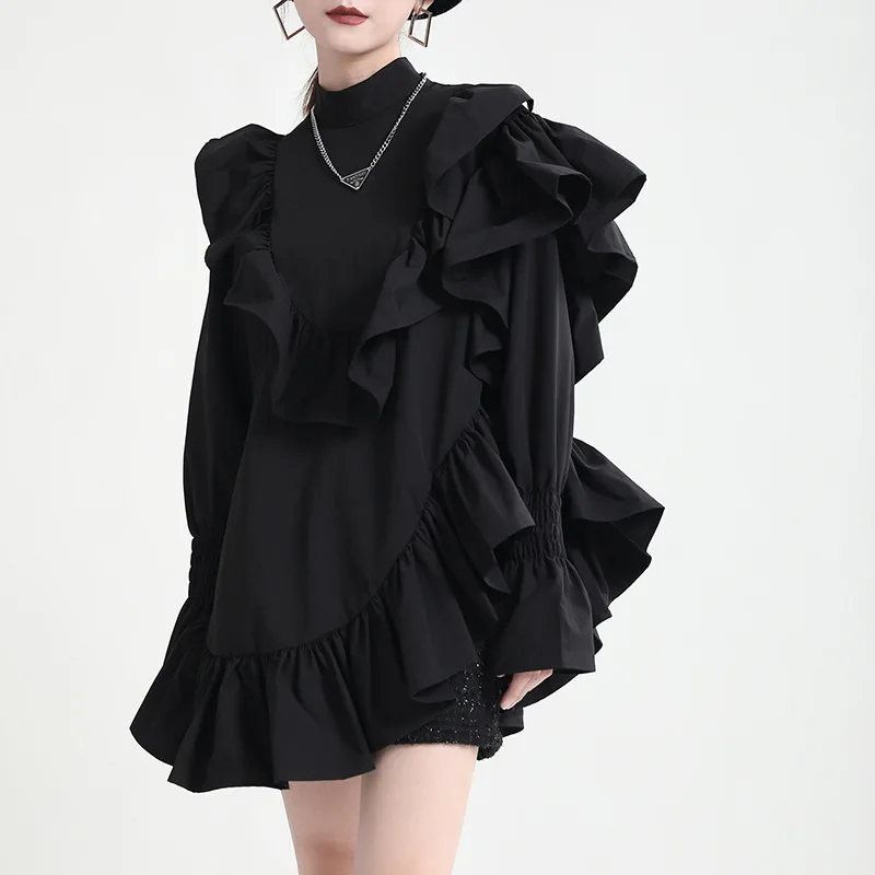 

Johnature Autumn New Fashion Ruffles Long Shirts 2024 Solid Color O-neck High Street All Match Irregular Women Blouses