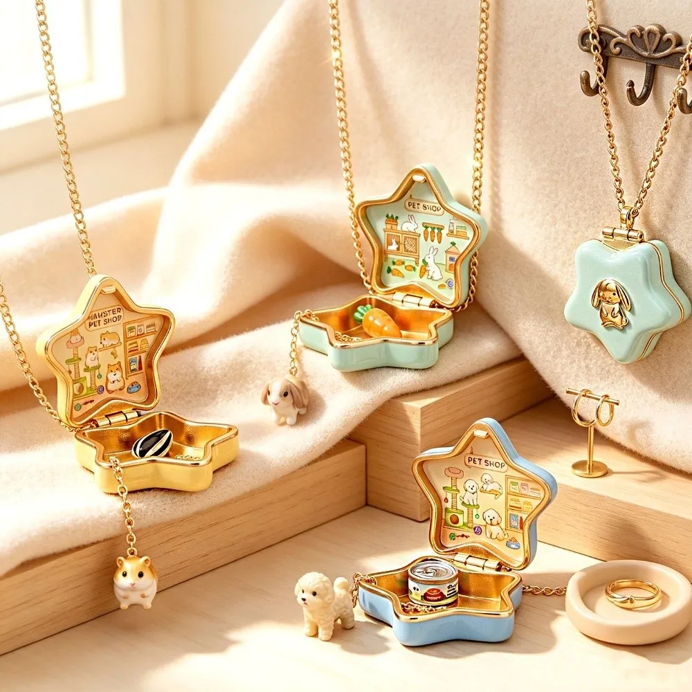Interesting Animal Doll Opening Closing Box Necklace Pentagram Cloud Tiny Star Box Necklace Pentagram Pendant Necklace Gifts