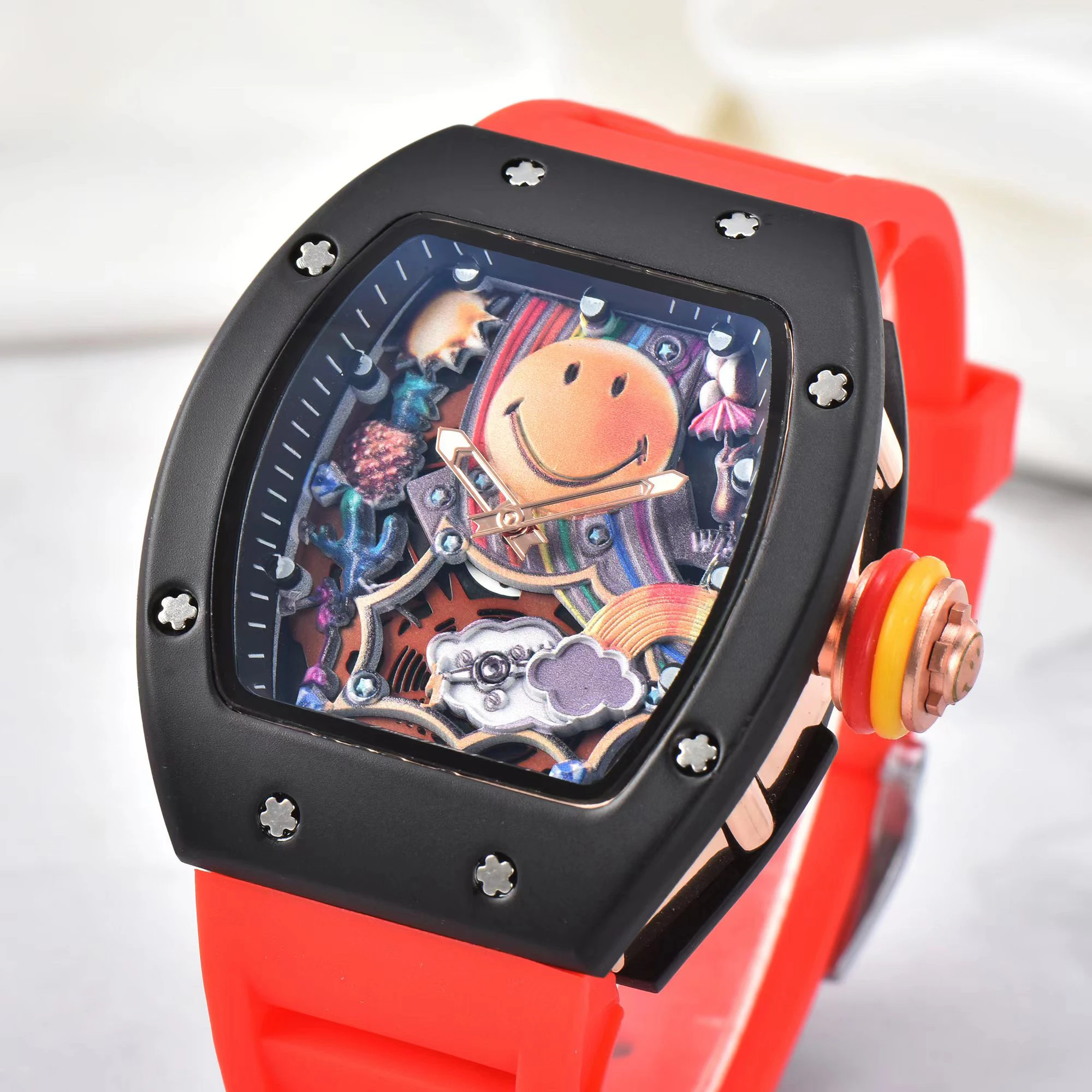 2024 new smile silicone strap square tonneau large dial watch hollowed out surface calendar quartz watch for men and Students