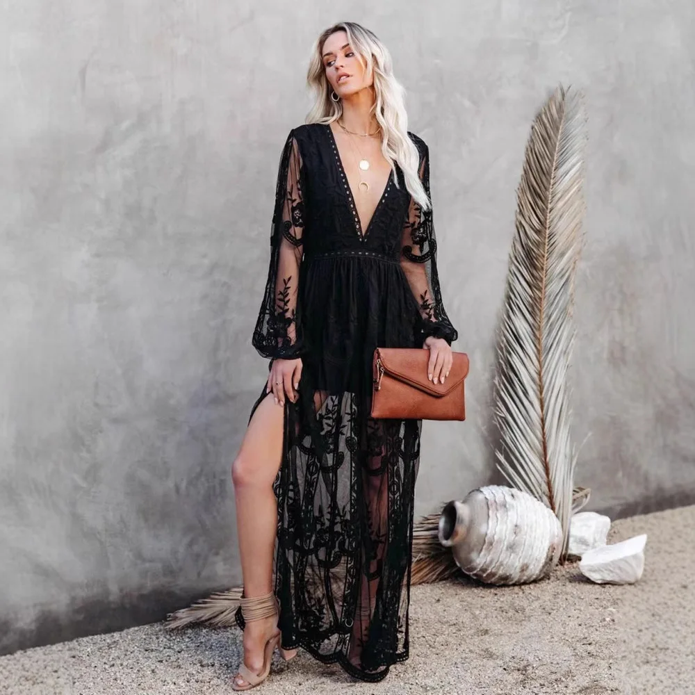 Women's Clothing Lace Dress Long-sleeve V-neck Hollow Out Floor Length Beach Dress V-neck Embroidery White Maxi Dress 2025