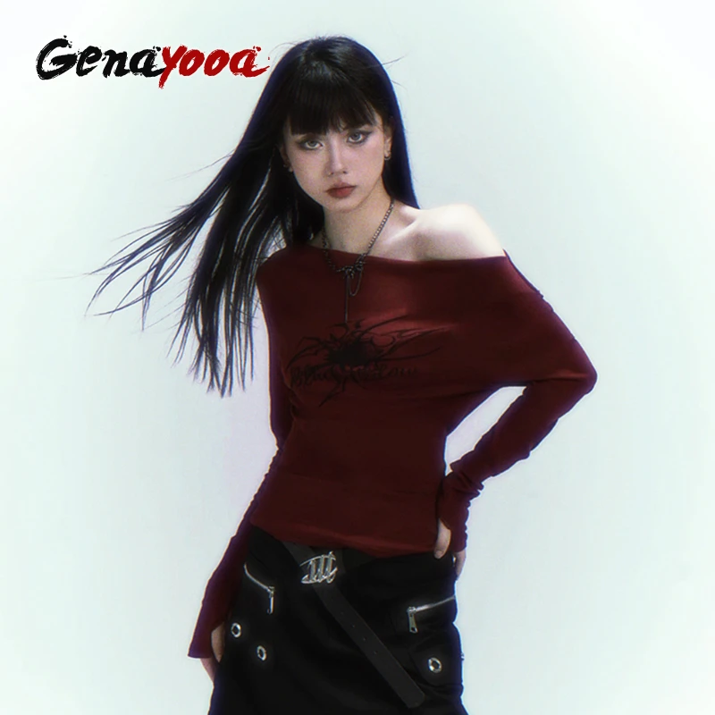 

Genayooa Y2k винтажная футболка женские топы с открытыми плечами и графическим принтом уличная одежда 2000-х годов японские футболки тонкие укороченные топы в стиле ретро Egirls