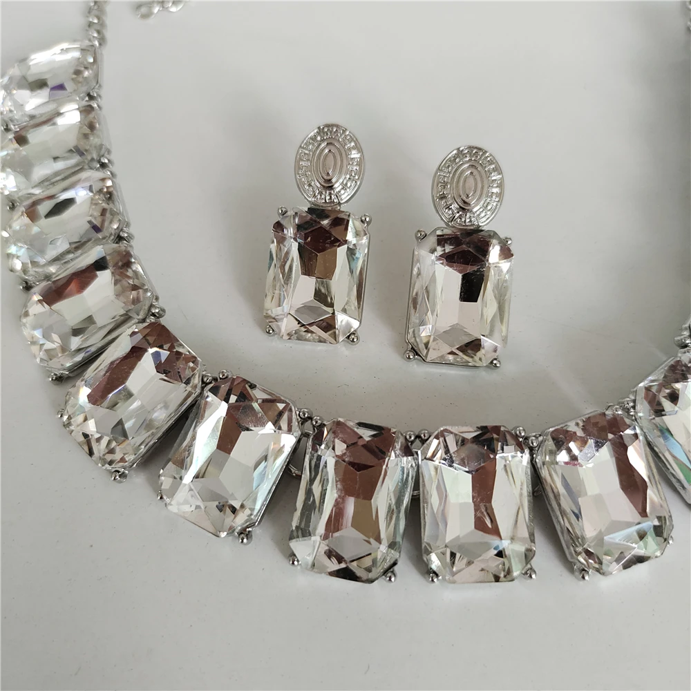 2026 New Fashion Gray Square Glass Crystal Choker Necklace Earrings Women Jewelry Sets Korean Statement Large Collar Necklace