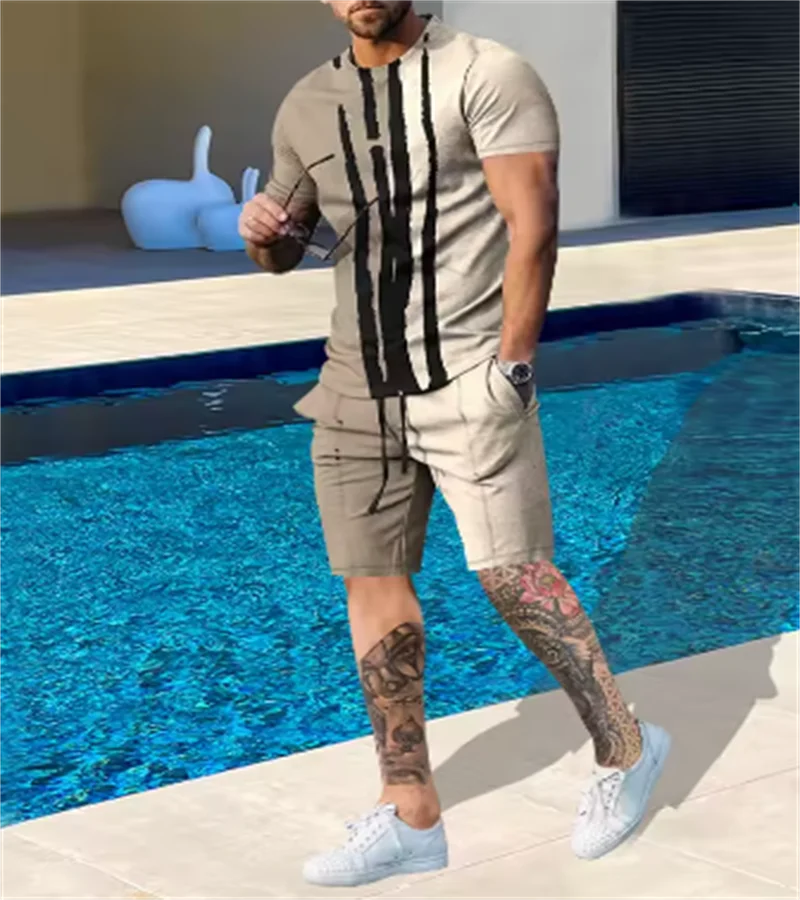 

Outdoor Trendy Men's Suit Simple Letter Rose Patchwork Color Round Neck Short Sleeve Shorts Comfortable and breathable material