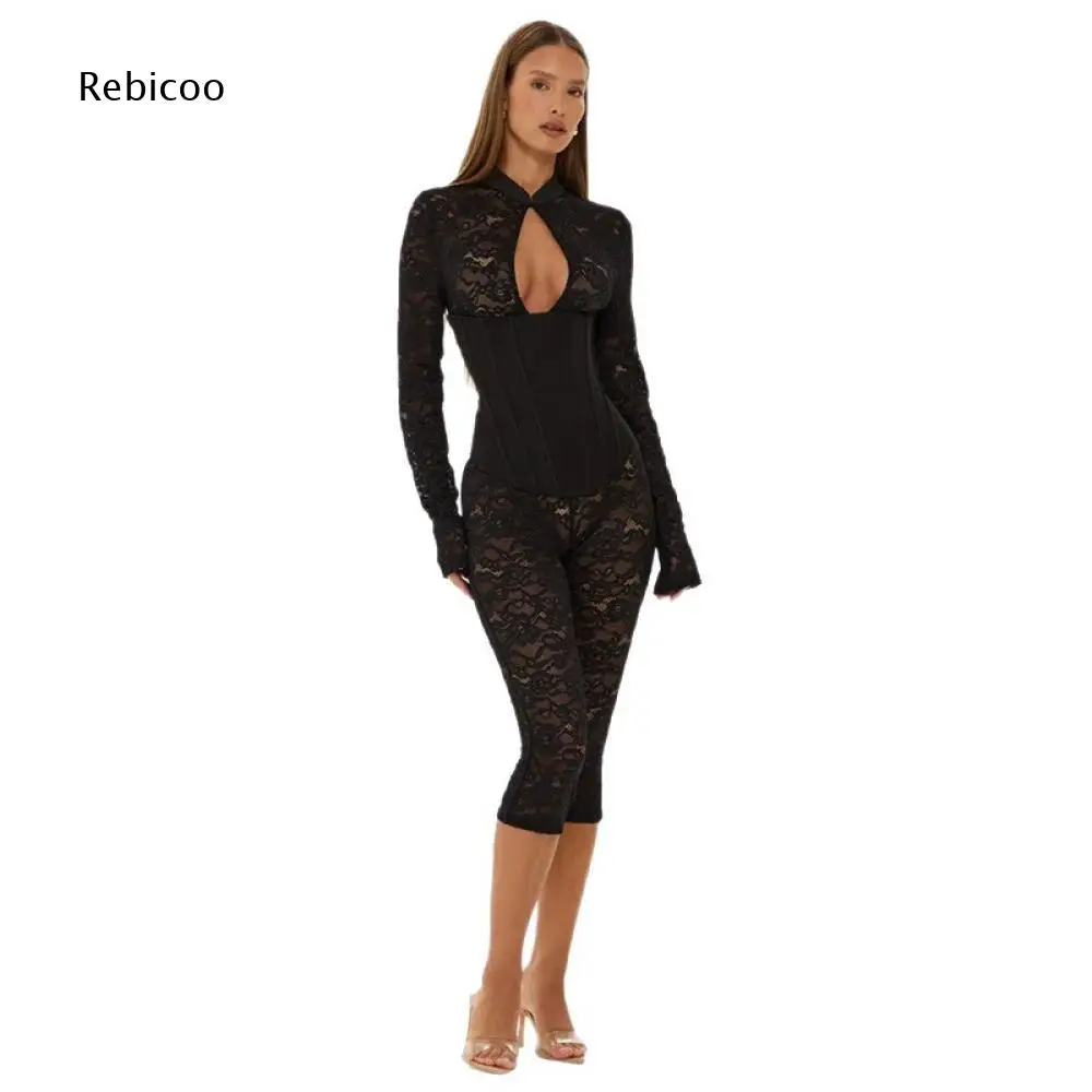 Ladies Form Fitting Sheer Lace Capri Jumpsuit High Neck Long Sleeve Keyhole Cutout Boned Corset Waist Party Night Out Clothing