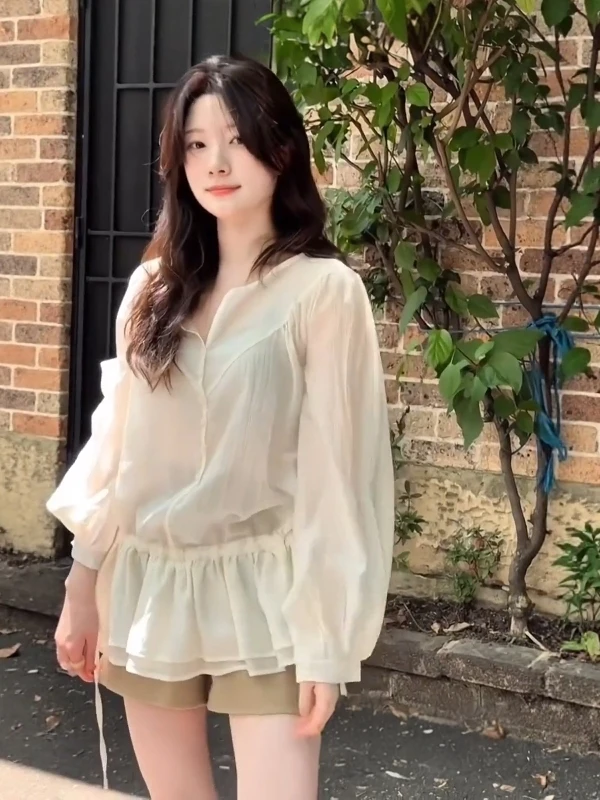 

French Sle Lantern Sve irt Women's Long Sve V-Ne Spring Commute Aosphere Top with Dstring And Lace Design