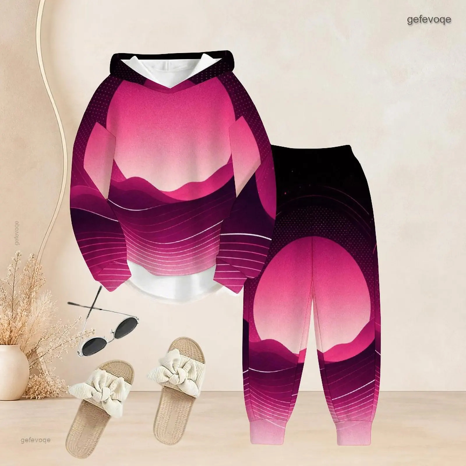 Women Long Sleeve Hooded Top Cuffed Pants Two Piece Printed Pants Set