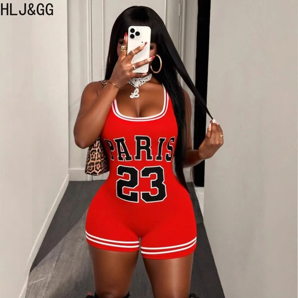 HLJ&GG Sexy Hot Girl Letter Printing Bodycon One Piece Rompers Women Tank Strap Sleeveless Slim Jumpsuits Y2K Fashion Streetwear