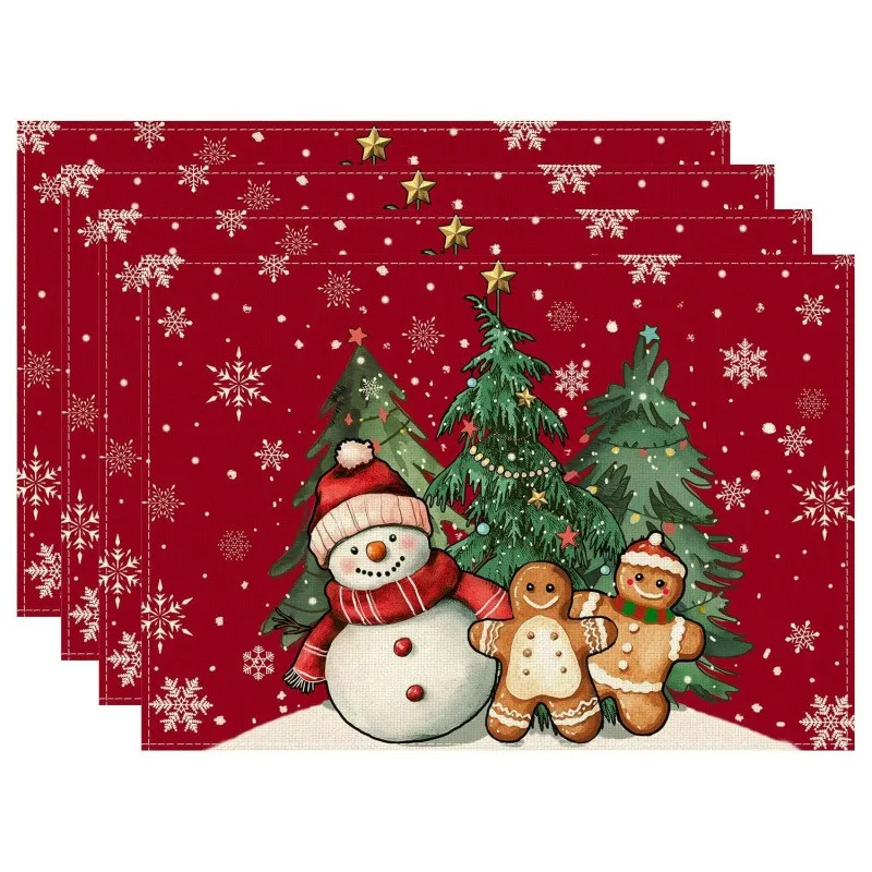 VIKAMA Linen Placemats Gingerbread Man Snowman Noel Red, Stain Resistant Easy to Clean, Dining Table Christmas Decor