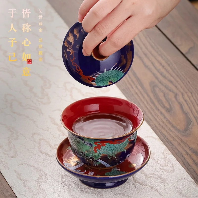 Enamel Color Gaiwan Ceramic Tea Bowl Porcelain Gaiwan Large Kung Fu Tea Set Red Dragon and Phoenix Pattern Large Gaiwan Tea