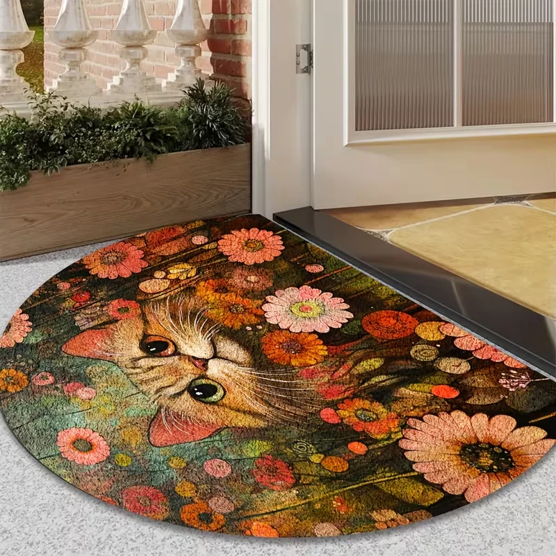 Cute Lazy Cats Heart Star Pattern Half-Round Doormat Adorable Cartoon Cat Print Entrance Rug Doodle Art Home Decor Carpet