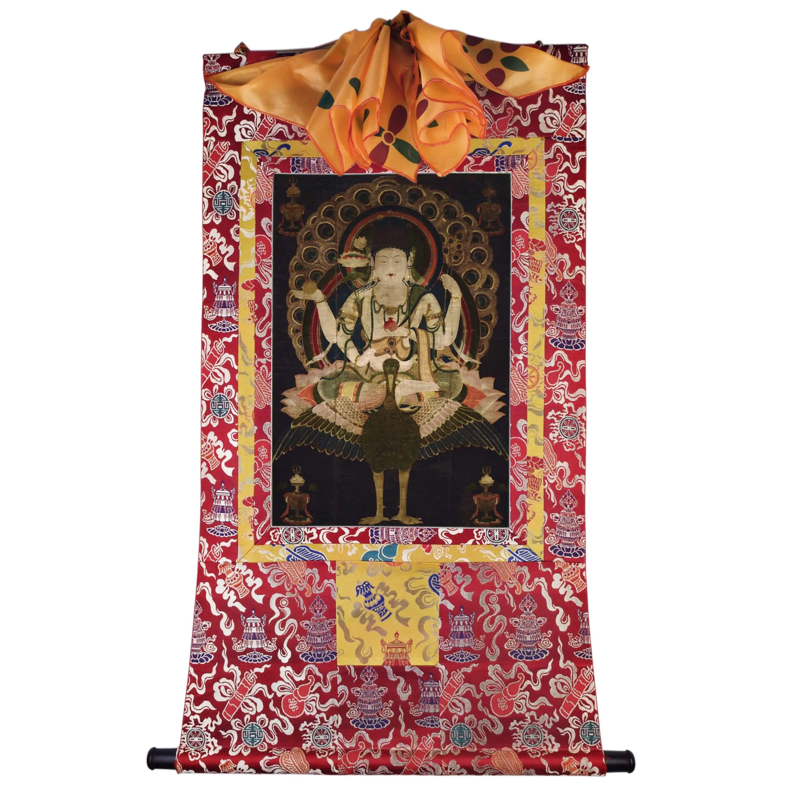 Tibetan Thangka Art - Mahamayuri Vidyarajni Peacock King Thangka - High-resolution Digital Giclee Print and Double