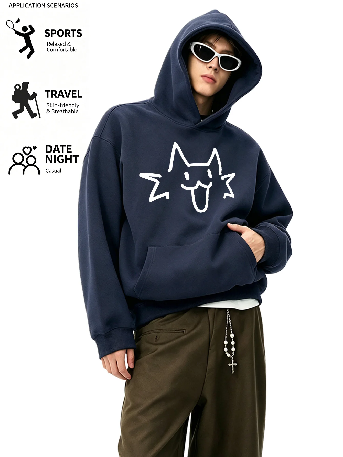 Men’s hoodie featuring a minimalist line-art cat print—perfect for daily commutes or a trendy, casual look.