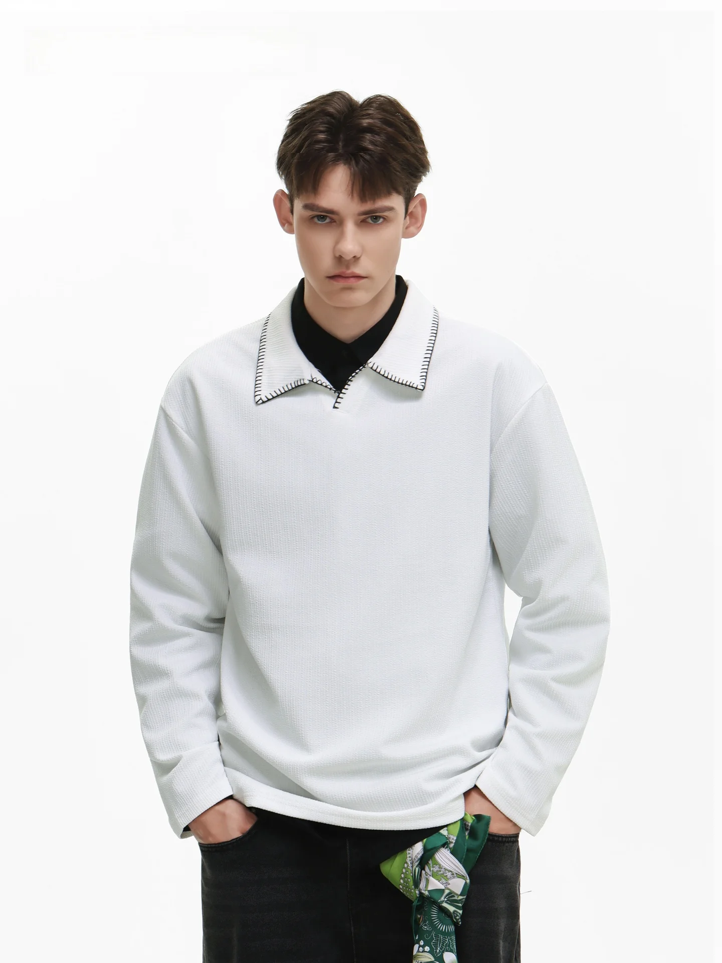 SDMADE American Retro Texture Stitching  Shirt Men's Vintage Long Sleeve Base Shirt Regular Fit Polyester Daily Wear