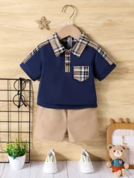 2-Piece Baby Boy Summer School Plaid Collared Short Sleeve Top + Casual Shorts New Fashion Casual Comfort Sports Suit