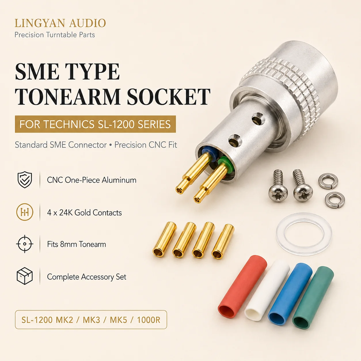Conector de Soporte de Tono Tipo SME para Technics SL-1200 MK2 MK3 MK5 1000R, Tubo de Brazo de 8mm, Aluminio CNC, Pines de Oro 24K