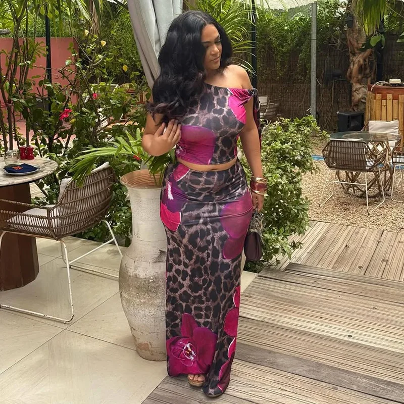 Women's Leopard Floral Print Lace-up One-Shoulder Diagonal Collar Sleeveless Crop Tops & Hips Wrapped Long Skirt, Sexy, 2pcs Set