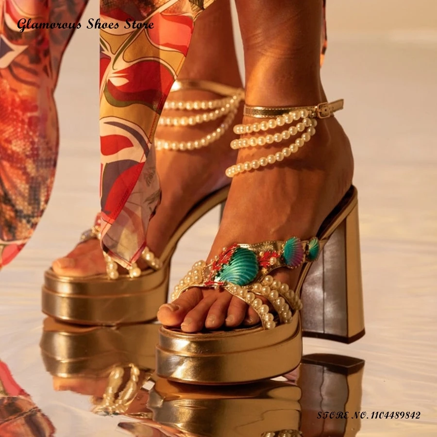 

Shells and Beads Embellished Sandals Women's Round Open Toe Chunky Heel Party Shoes Buckle Strap Double Platform High Heels