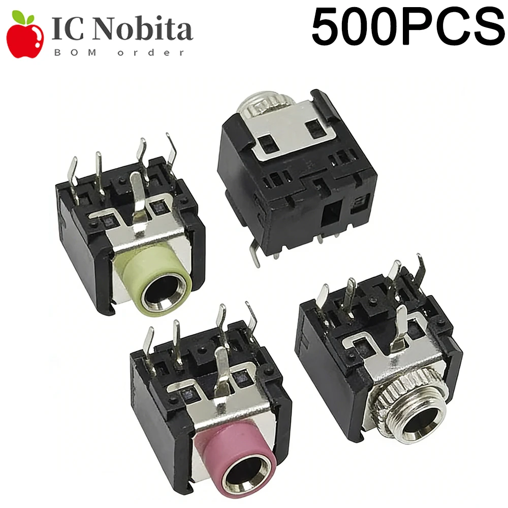 500PCS PJ-306 5Pin 3.5mm Metal Head Audio Video Jack Socket Stereo Panel Mount 3.5mm Female Jack Connector for Headphone