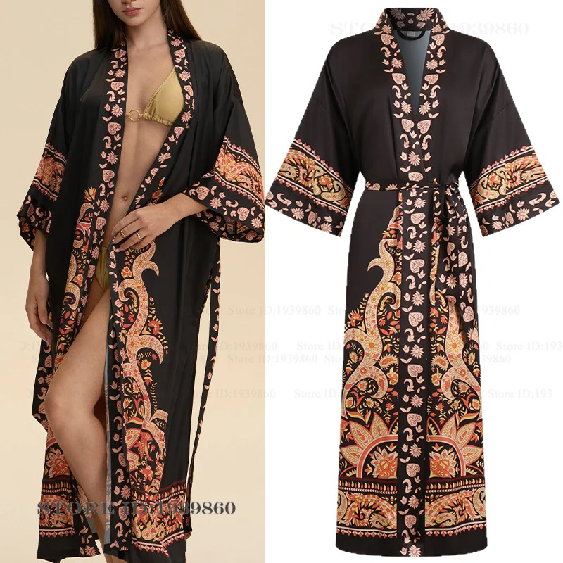 

Female Loing Robe Kimono Gown Silky Satin Bathrobe Loung Wear Sexy Print Flower Home Dress Nightgown Loose Loungewear Lingerie